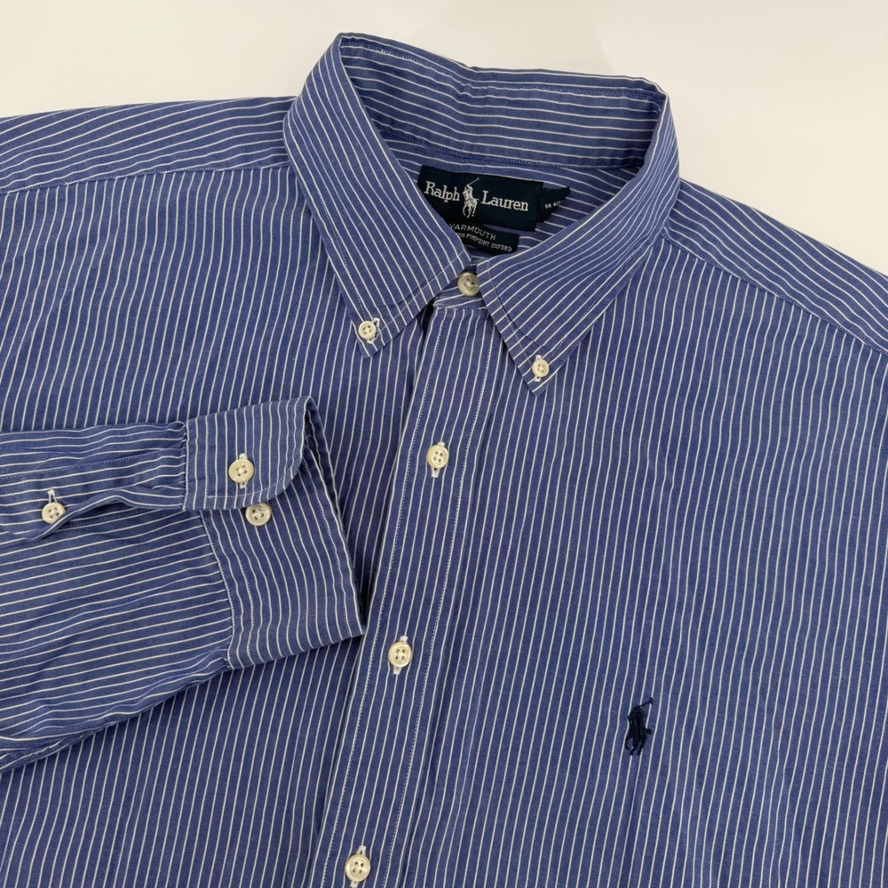 Ralph Lauren Yarmouth Shirt Mens 17 34/35 Blue White Pinstripe Pinpoint Oxford